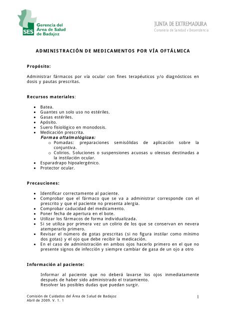 Medicamentos oftálmicos. Administración. - Area de Salud de Badajoz