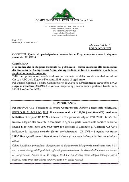 COMPRENSORIO ALPINO CA CN4 Valle Stura Ai cacciatori Soci ...