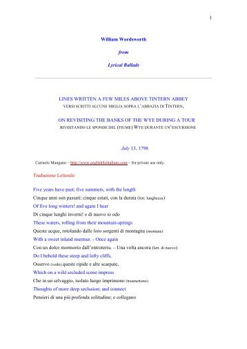 Tintern Abbey 50 Verses - William Wordsworth - English For Italians