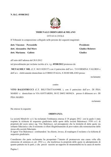 Pagina 1 N. R.G. 49308/2012 TRIBUNALE ORDINARIO di MILANO ...