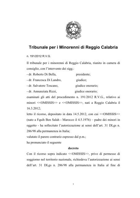 Tribunale per i Minorenni di Reggio Calabria