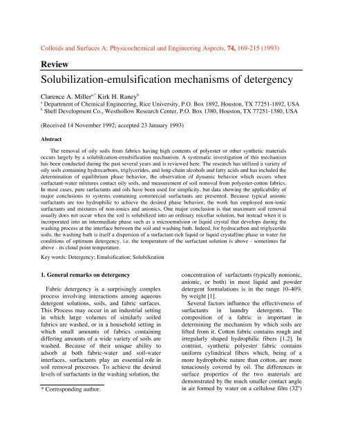 Solubilization-emulsification mechanisms of detergency