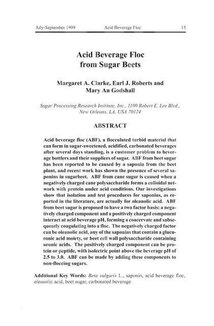 Acid Beverage Floc from Sugar Beets - Vol