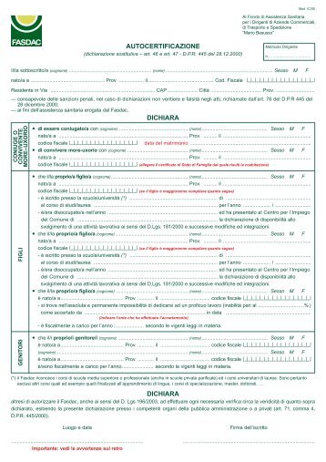 AUTOCERTIFICAZIONE DICHIARA DICHIARA - Fasdac