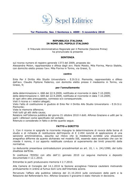 Tar Piemonte. Sez. I Sentenza n. 4089 - 5 novembre 2010 ...