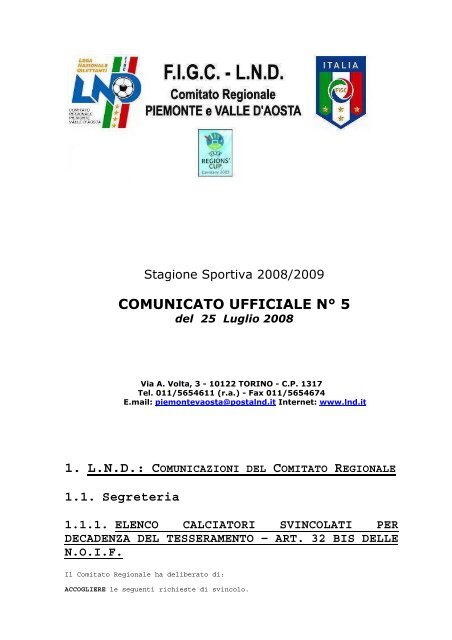 COMUNICATO UFFICIALE N° 5 - In zona 5 &amp; non solo