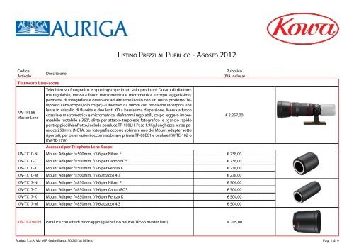 LISTINO PREZZI AL PUBBLICO - AGOSTO 2012 - Auriga