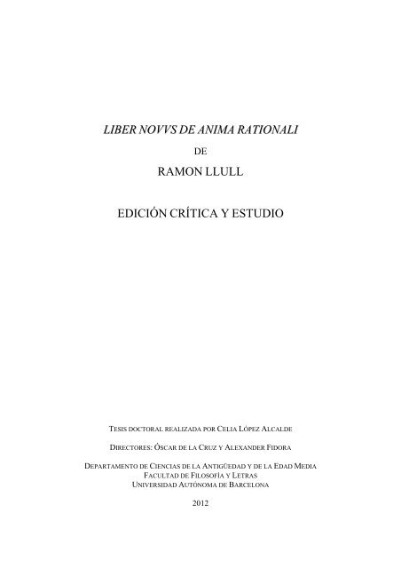 liber novvs de anima rationali ramon llull edición crítica y estudio