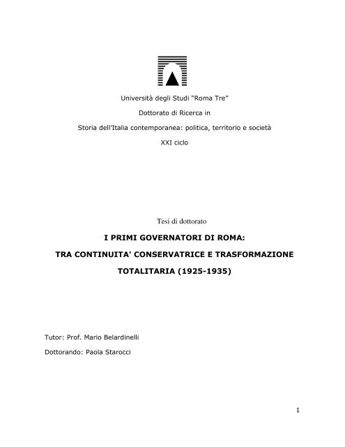 Tesi di dottorato I PRIMI GOVERNATORI DI ROMA: TRA ...