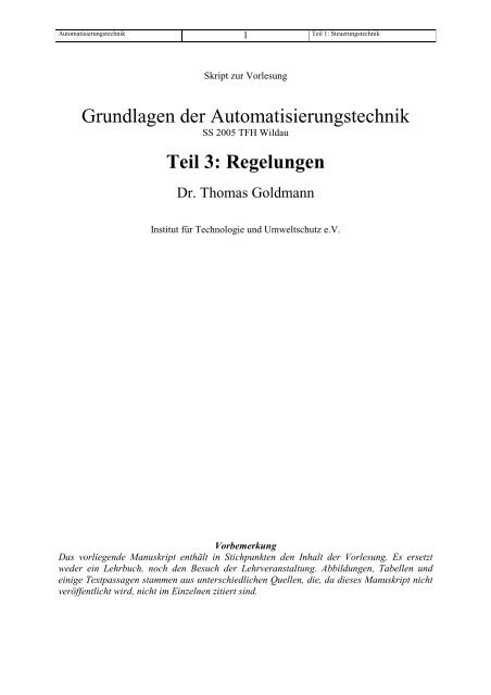 Grundlagen der Automatisierungstechnik Teil 3: Regelungen