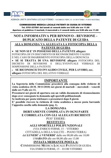 Domanda per rinnovo patente Commissione-1 - ASL Viterbo