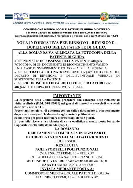 Domanda per rinnovo patente Commissione-1 - ASL Viterbo