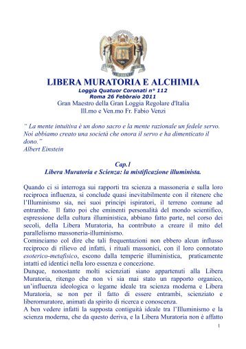 libera muratoria e alchimia - GLRI - Gran Loggia Regolare d'Italia