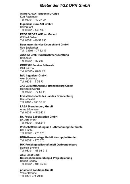 Mieter der TGZ OPR GmbH - TGZ Neuruppin