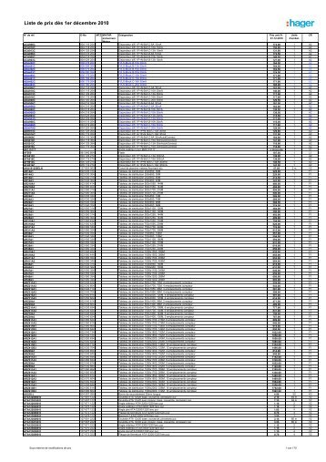 Liste de prix dès 1er décembre 2010 - Hager