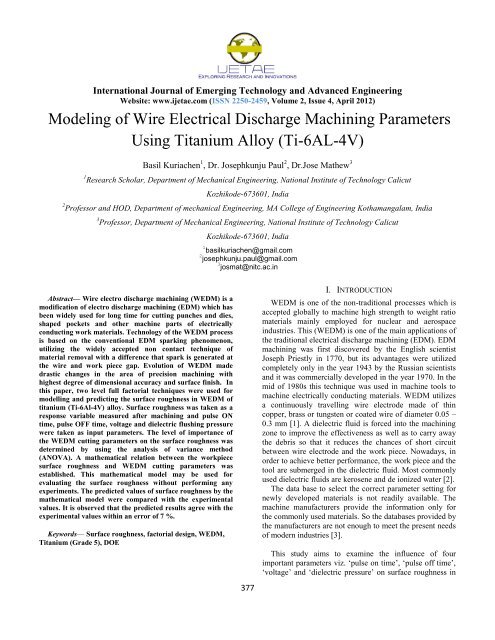 Modeling of Wire Electrical Discharge Machining ... - IJETAE