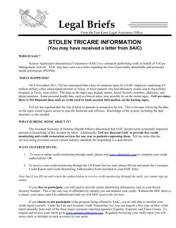 Stolen TriCare Information Brief - Fort Knox