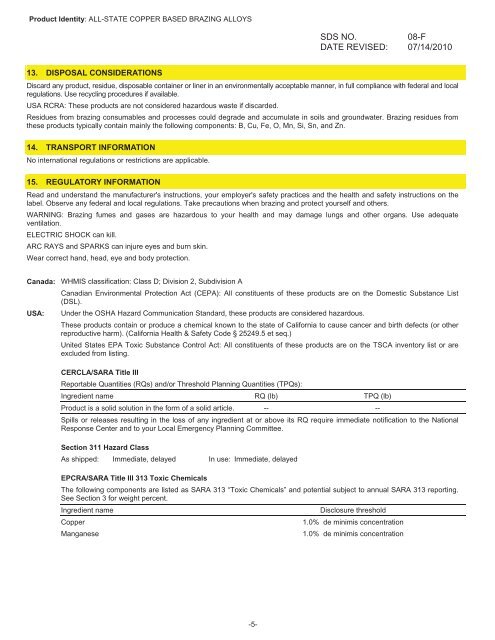 Print MSDS - Miller Electric Company Publications