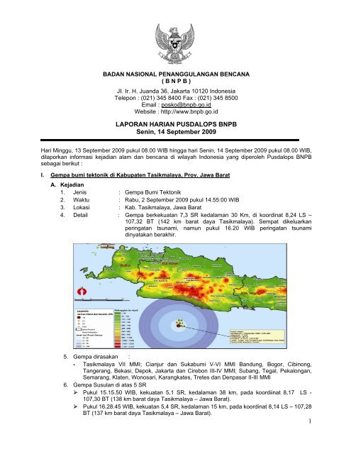 1 LAPORAN HARIAN PUSDALOPS BNPB Senin, 14 September 2009