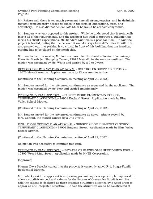 Planning Commission Meeting (April 8, 2002) - City of Overland Park