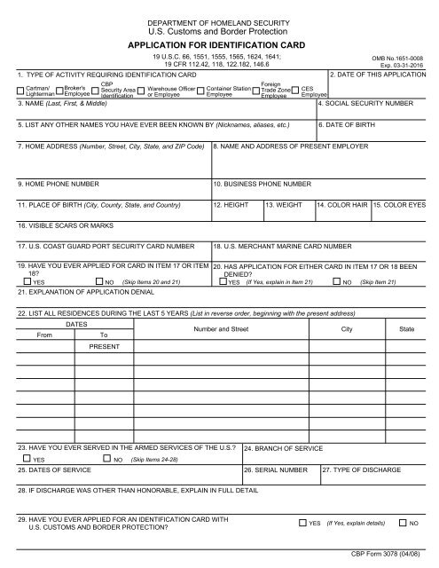 APPLICATION FOR IDENTIFICATION CARD U.S. Customs ... - Forms