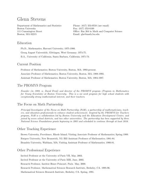 Glenn Stevens: Curriculum Vitae - Mathematics & Statistics - Boston ...