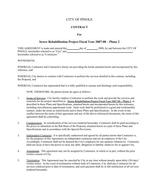 CITY OF PINOLE Sewer Rehabilitation Program FY 07 – 08 PHASE 2