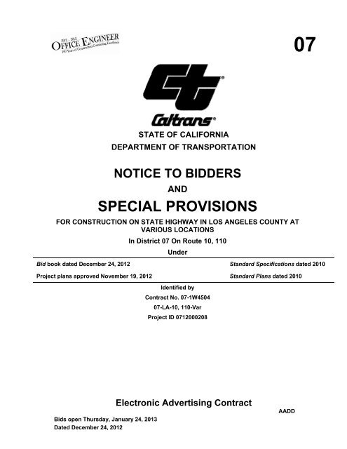 notice to bidders and special provisions Caltrans State of