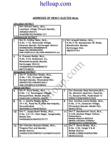 ADDRESSES OF NEWLY ELECTED MLAs - hello ap