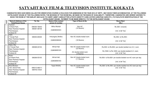 accomodation available at the hotel/guest house - Satyajit Ray Film ...