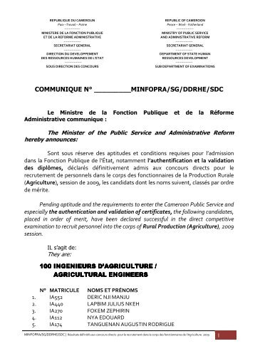 resultats definitifs concours directs agriculture 2009 2