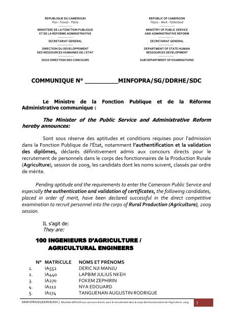resultats definitifs concours directs agriculture 2009 2