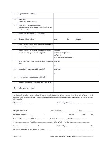 WH-Osobní dotazník uchazeče o zaměstnání - WH 4U Agency sro