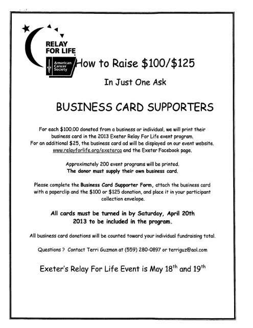 Business Card Supporter Form - Relay For Life
