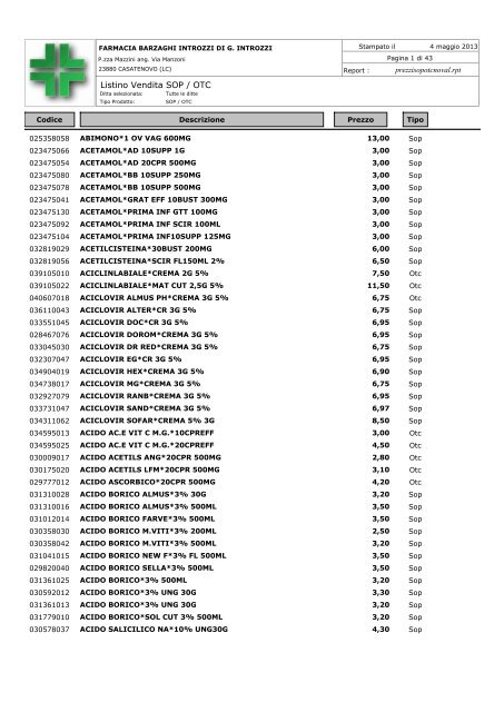 Listino Vendita SOP / OTC - Farmacia Barzaghi-Introzzi