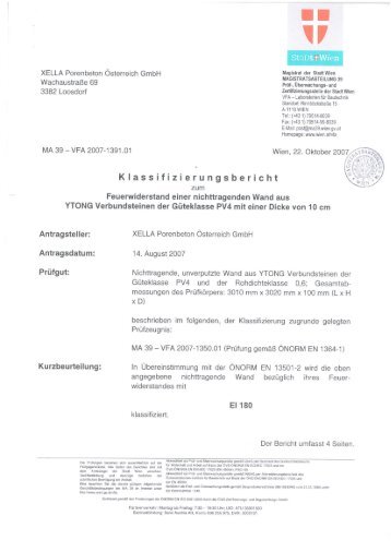 Klassifizierungsbericht YTONG Verbundsteine PV4 / 0,60 10 cm