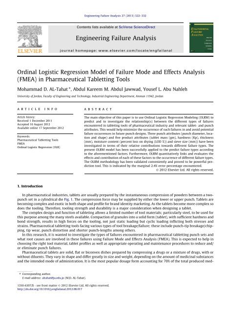 (FMEA) in Pharmaceutical Tabletting Tools - The University of Jordan