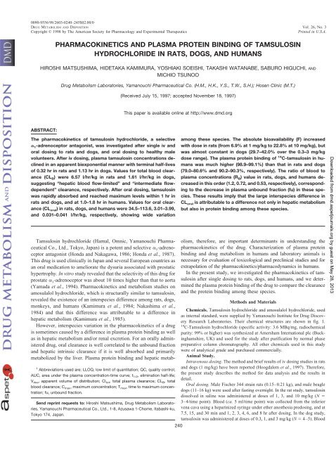 pharmacokinetics and plasma protein binding of tamsulosin - Drug ...