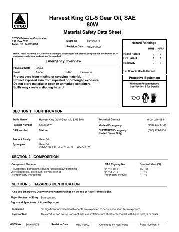 5457 Harvest King GL-5 Gear Oil, SAE 80W (English) CITGO MSDS