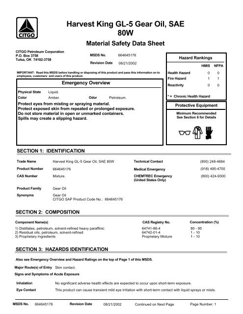 5457 Harvest King GL-5 Gear Oil, SAE 80W (English) CITGO MSDS