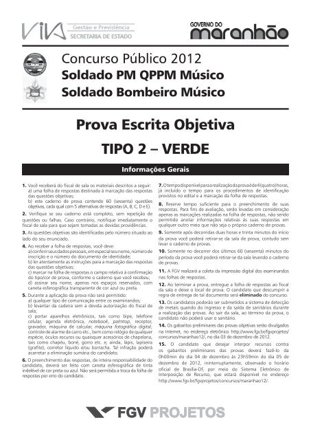 Prova Escrita Objetiva TIPO 2 – VERDE - FGV Projetos