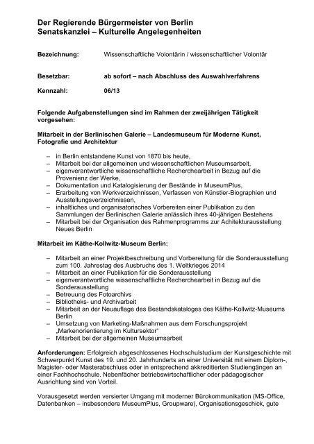 Die Stellenausschreibung als PDF - Berlinische Galerie