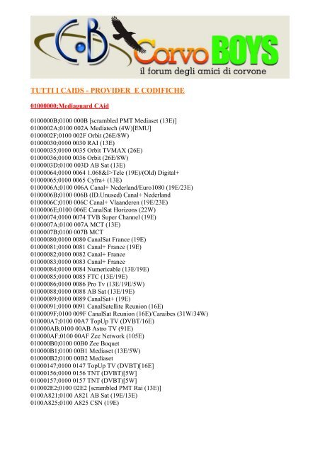 TUTTI I CAIDS - PROVIDER E CODIFICHE - Sat-Tv