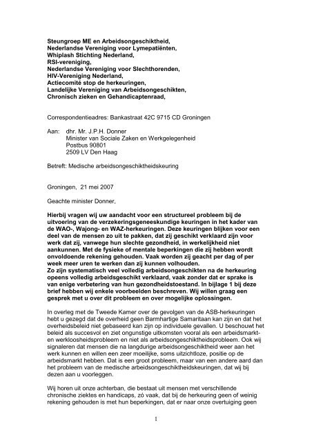Brief aan minister Donner - Whiplash Stichting Nederland