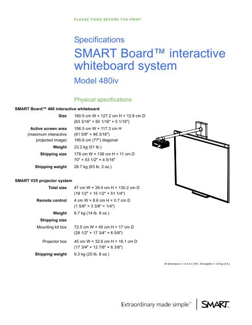 SMART Board 480iv interactive whiteboard system specifications
