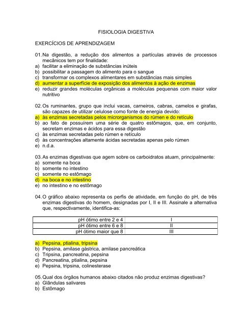 FISIOLOGIA DIGESTIVA EXERCÍCIOS DE APRENDIZAGEM 01. Na ...