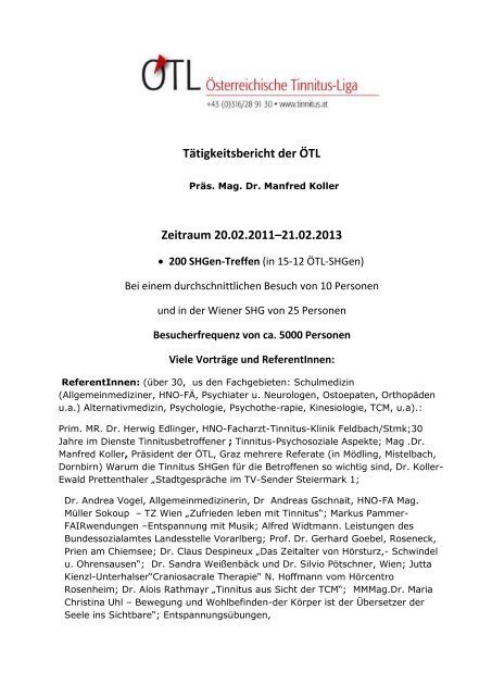 Tätigkeitsbericht der ÖTL - Österreichische Tinnitus-Liga