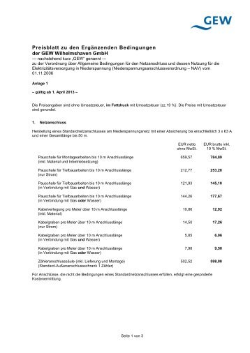 Preisblatt zu den Ergänzenden Bedingungen - GEW Wilhelmshaven ...