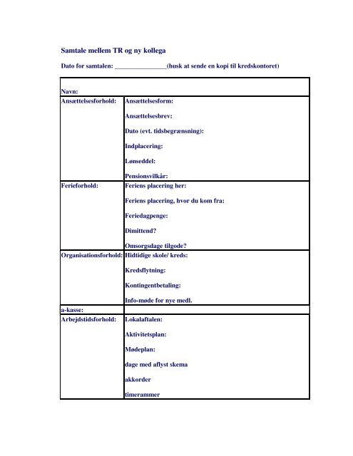 Samtaleskema, ny kollega og TR.