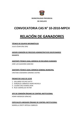 RELACIÓN DE GANADORES - Municipalidad Provincial de Chiclayo